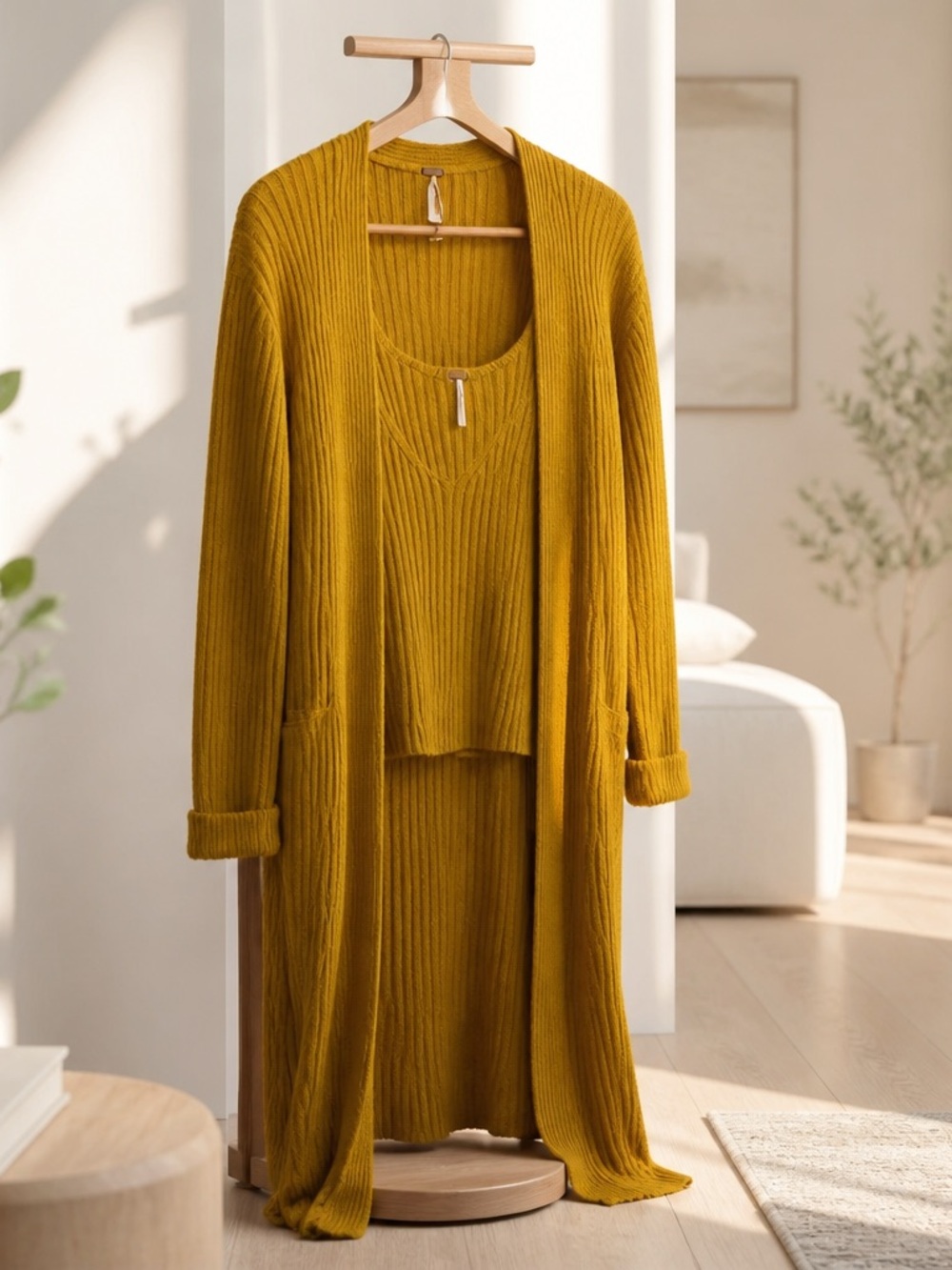 Free People Cozy Long Oversized Cardigan & V Neck Short Top Mustard Large Set